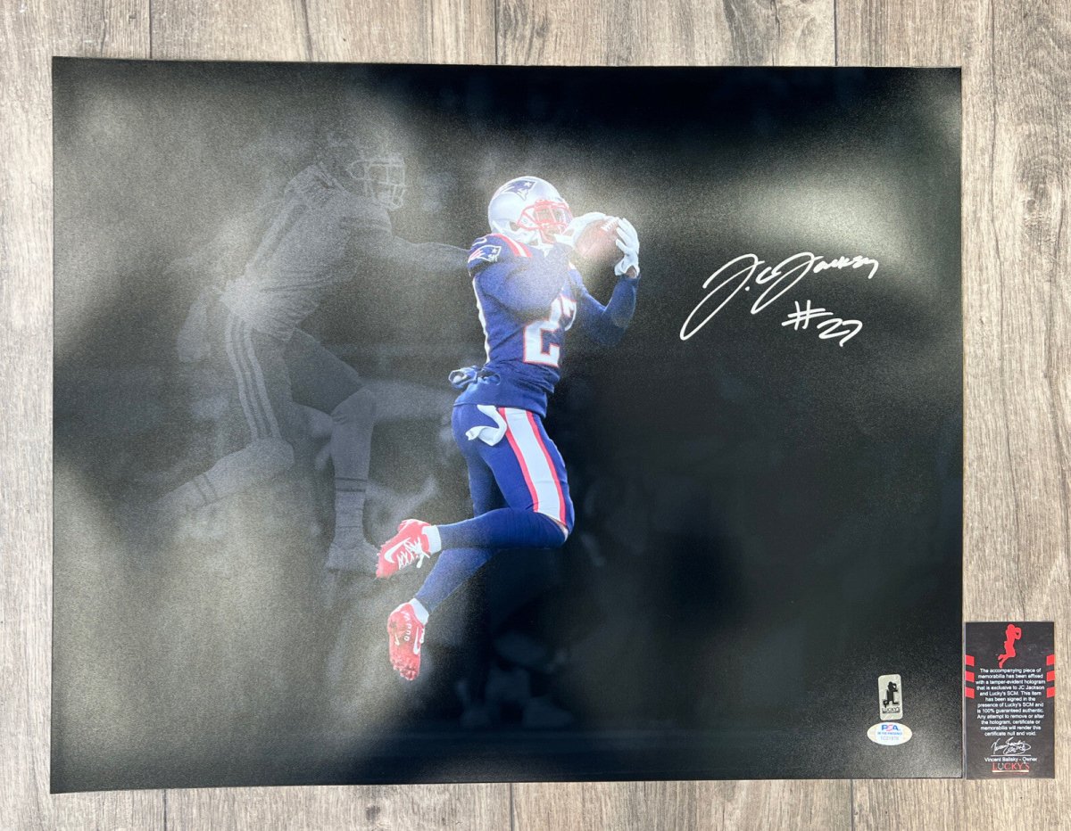 JC Jackson Signed Auto 16x20 Photo PSA INT COA New England Patriots SPOTLIGHT