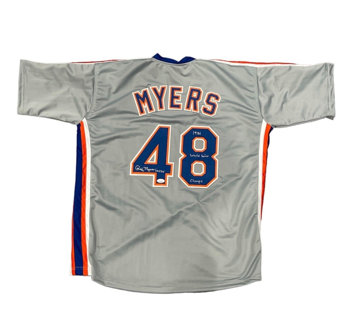 Randy Myers Signed NY Mets Custom Jersey w/ 1986 WS Champs Beckett BAS COA