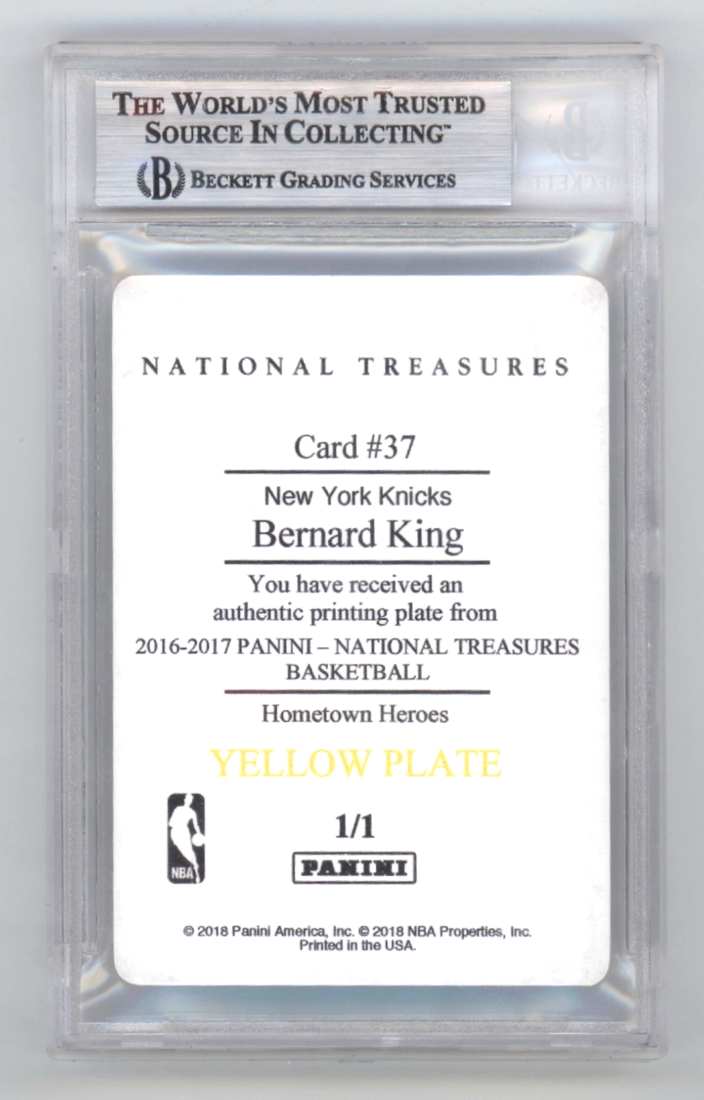 Bernard King 2016-17 National Treasures Printing Plate 1/1 Signed 3 Ins BGS Auto