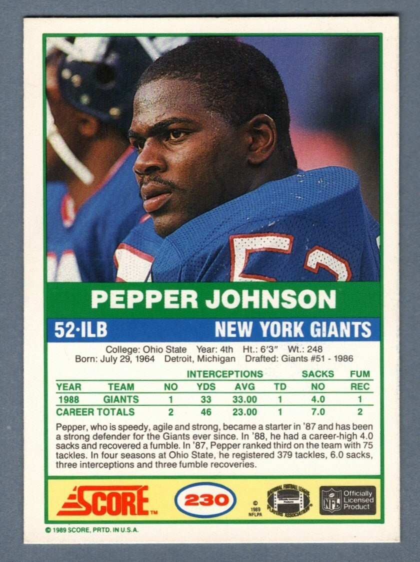 Pepper Johnson Signed Autographed 1989 Score Football #230 LSCM COA NY Giants