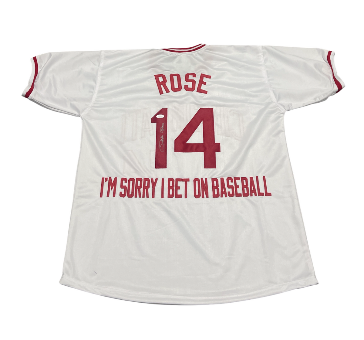 Pete Rose Signed Cincinnati Reds Custom Im Sorry I Bet Jersey JSA COA