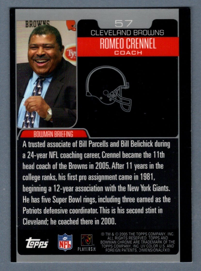 Romeo Crennel Signed 2005 Bowman Chrome Football RC 57 LSCM COA Cleveland Browns