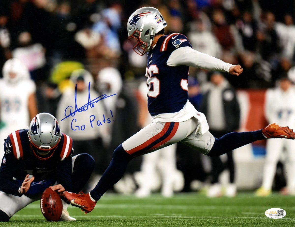 Andres Borregales Signed Patriots 11x14 Photo w/ Go Pats! JSA Witness COA