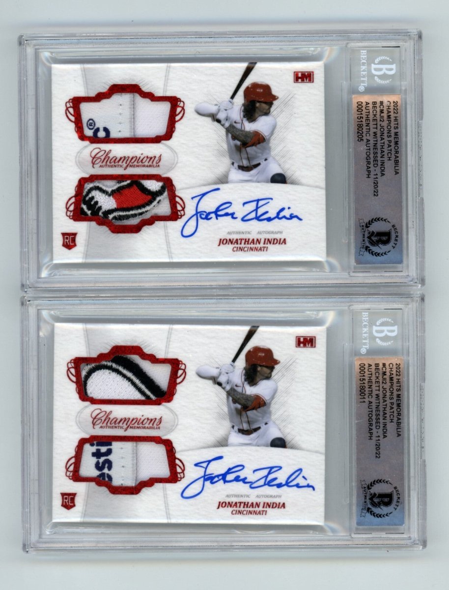 Jonathan India 2021 Hits Memorabilia Champions Red Patch Dual Auto RC /2 BGS BAS