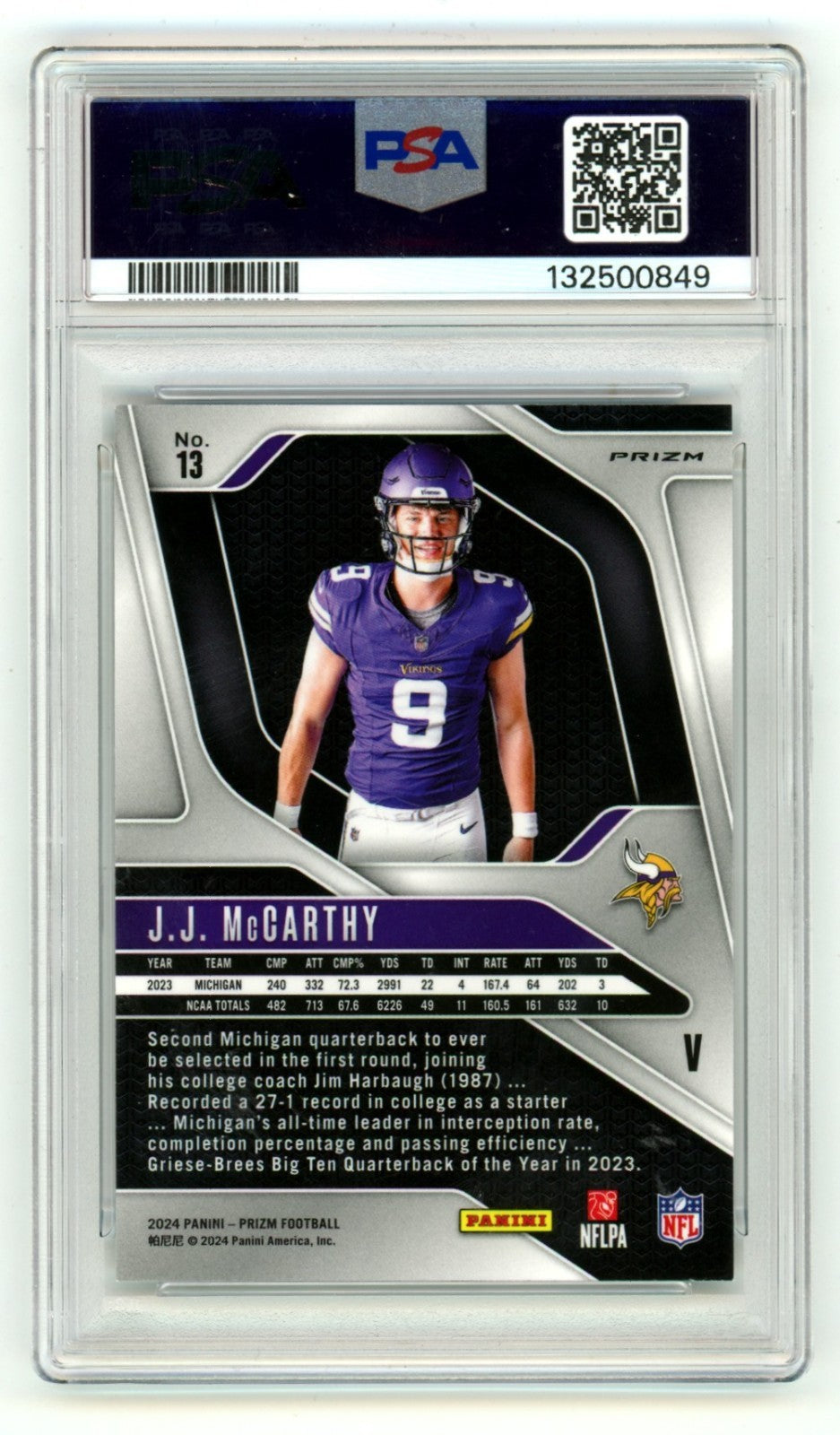 J.J. McCarthy 2024 Panini Prizm 400 Signed Rookie Variation Prizm RC PSA 10 Auto