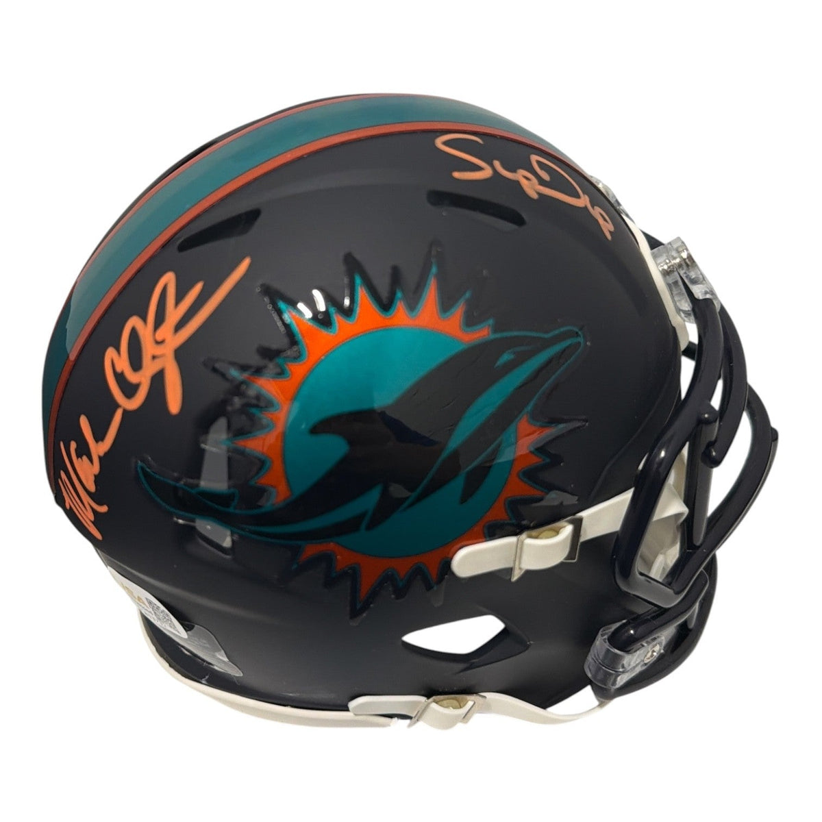Mark Clayton &amp; Mark Duper Dual Signed Dolphins Rivalries Mini Helmet JSA Wit COA
