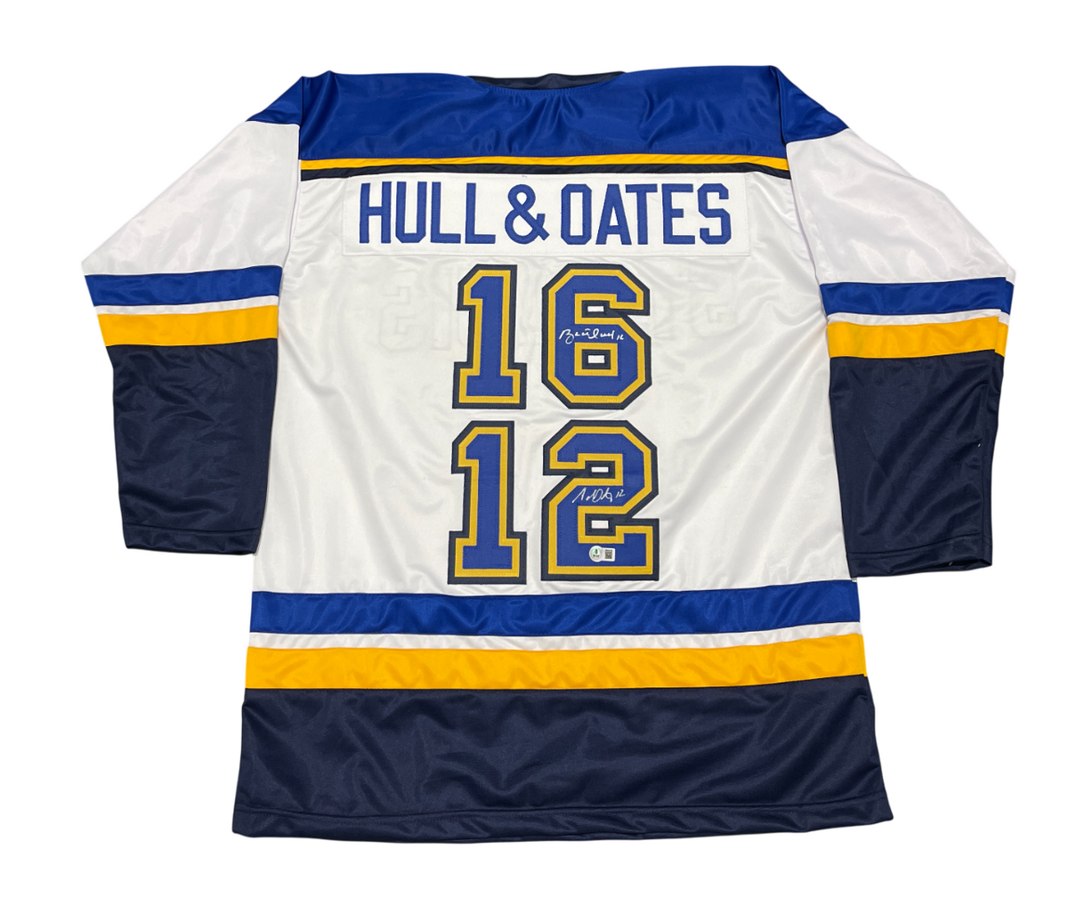 Brett Hull &amp; Adam Oates Signed Auto Blues Custom Jersey Beckett Witness BAS COA