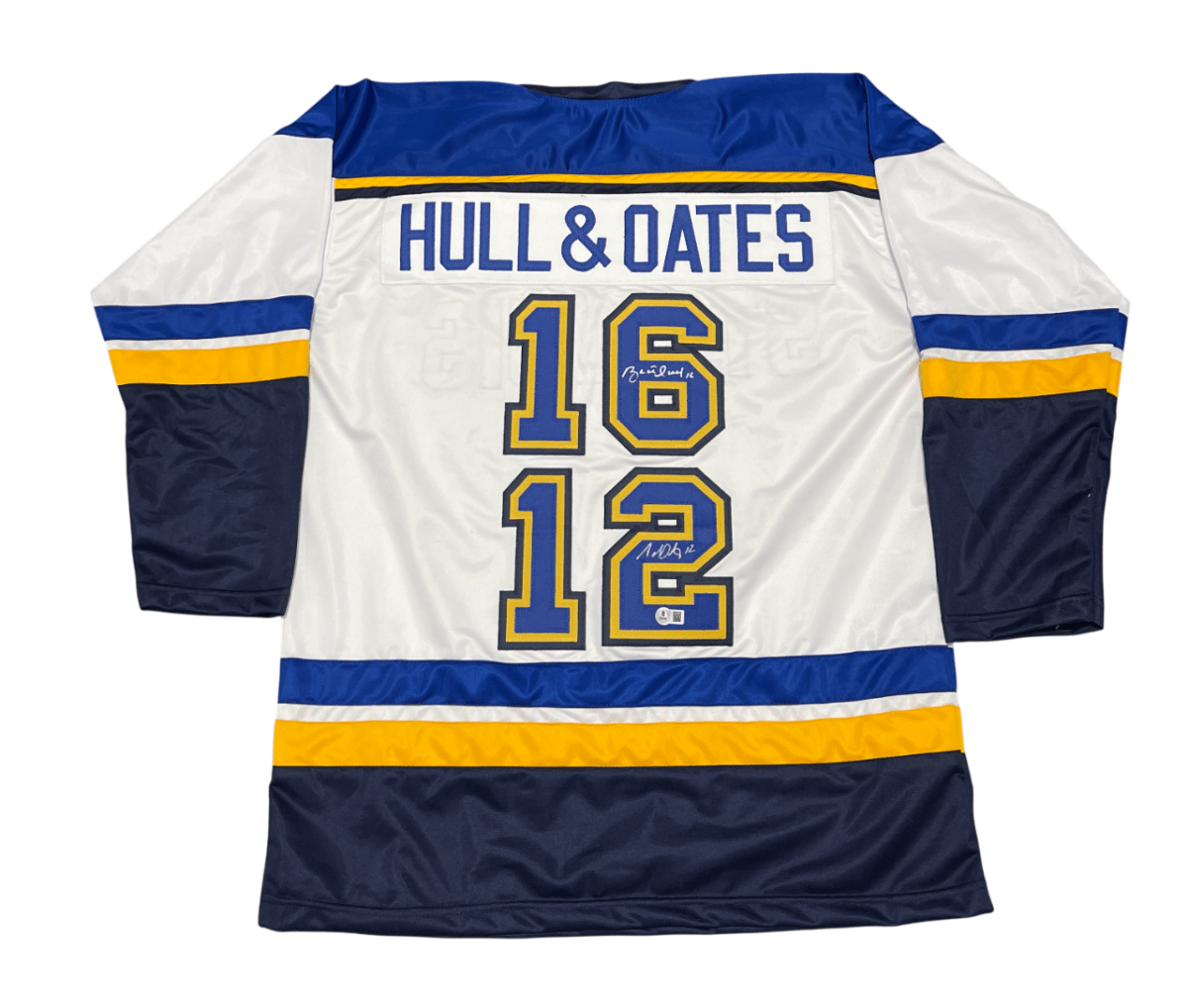 Brett Hull & Adam Oates Signed Auto Blues Custom Jersey Beckett Witness BAS COA