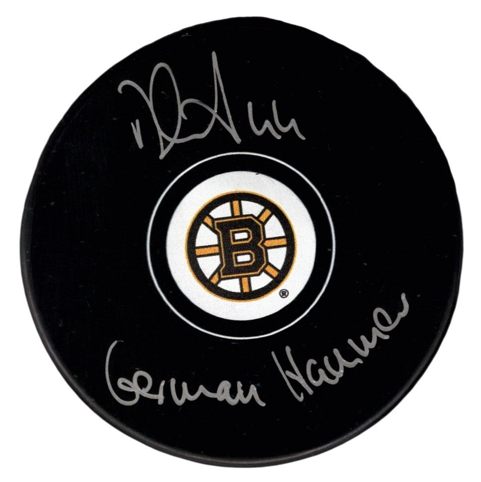 Dennis Seidenberg Signed Boston Bruins Logo Puck w German Hammer JSA Witness COA