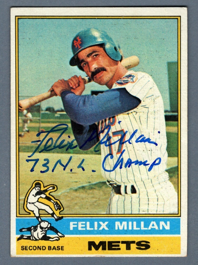 Felix Millan Signed 1976 Topps Baseball #245 w/ 73 NL Champ Ins LSCM COA NY Mets