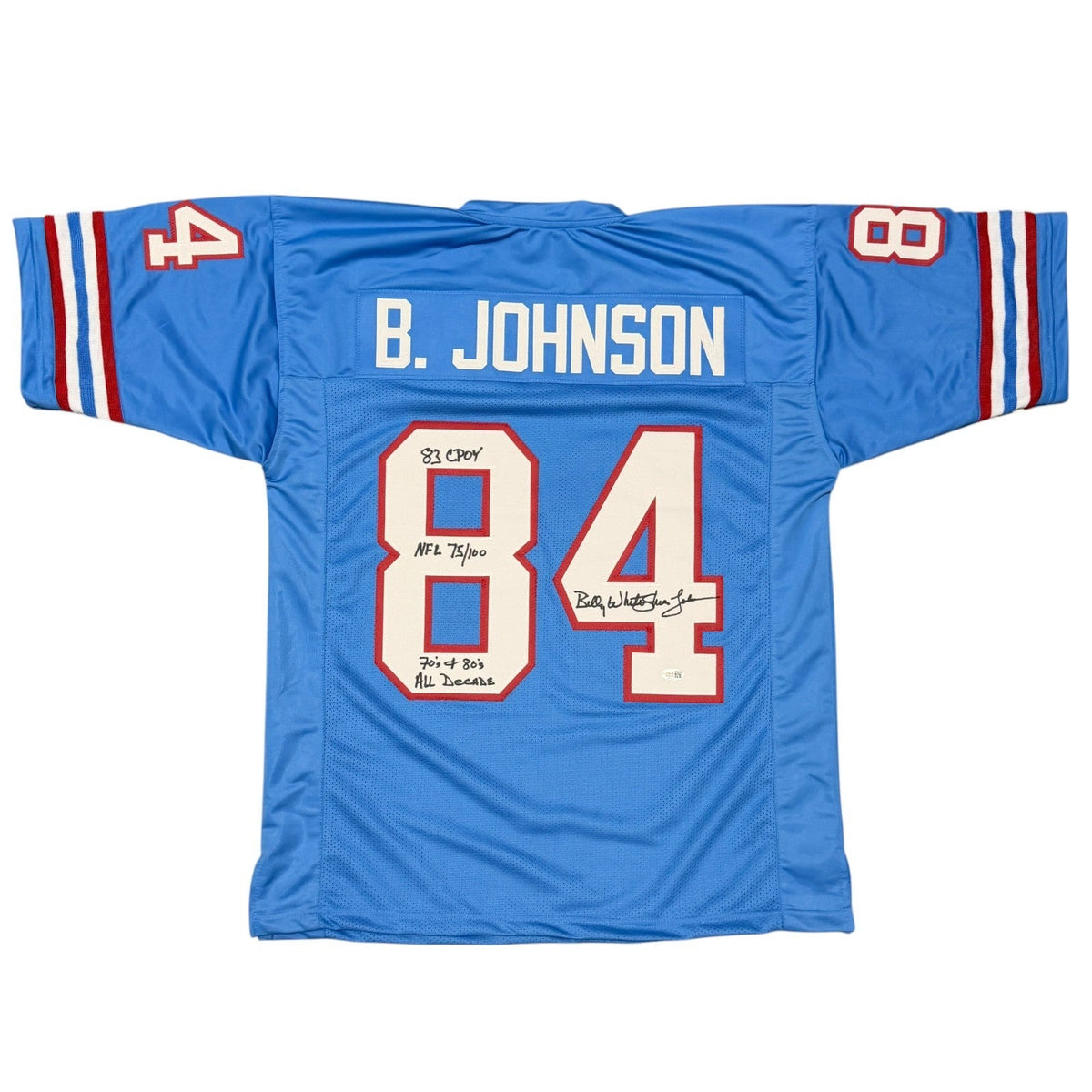 Billy White Shoes Johnson Signed Oilers Custom Jersey w/ 3 Insc JSA Witness COA