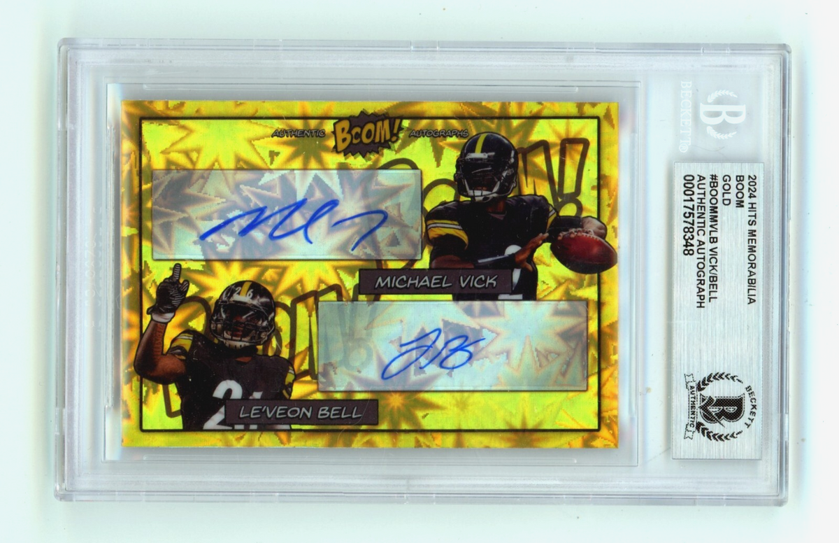 Michael Vick &amp; Le'Veon Bell 2024 Hits Mem BOOM Gold JSY # 2/5 Signed BGS Auto