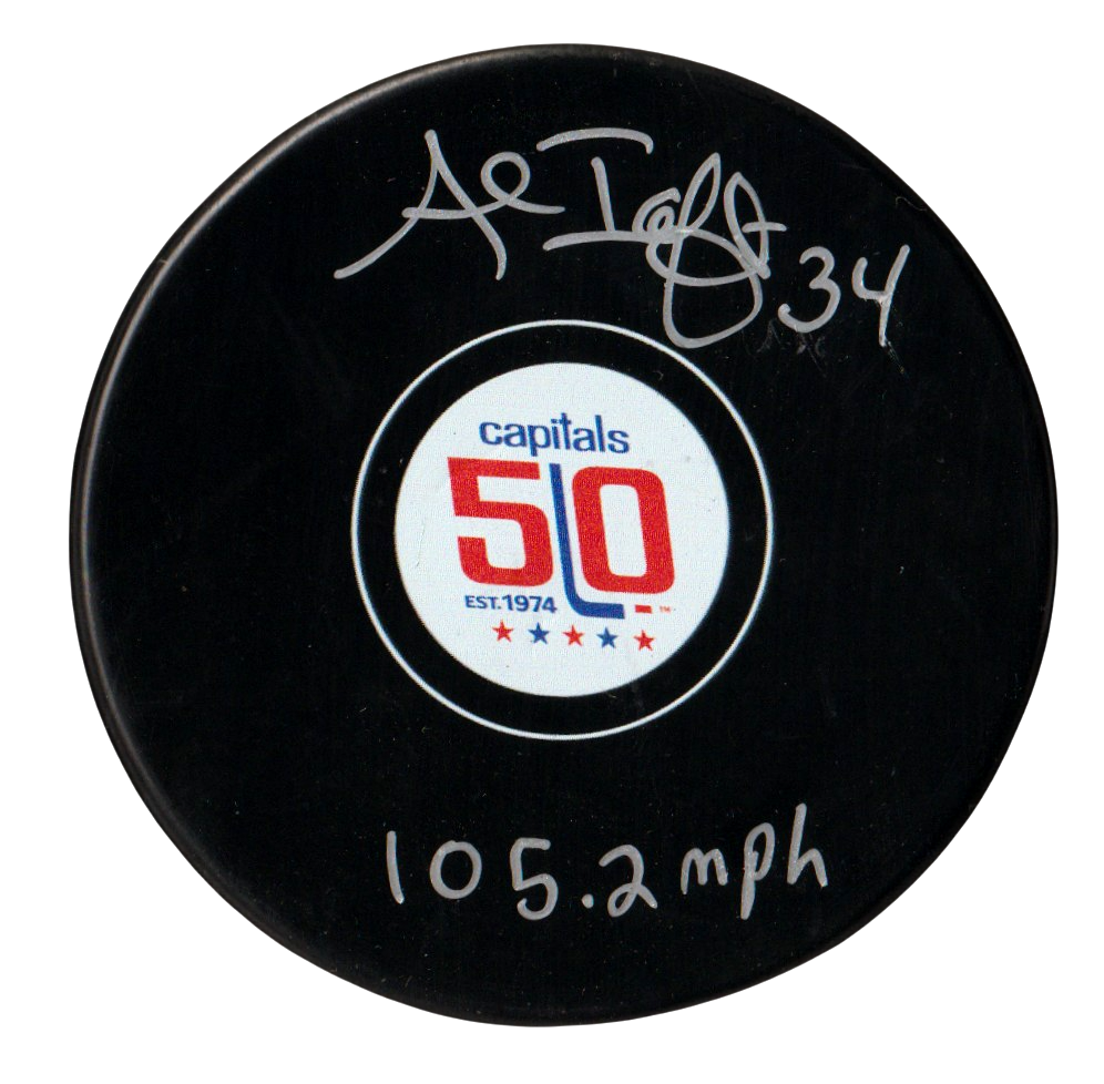 Al Iafrate Signed Capitals 50th Anniversary Puck w 105.2 MPH Beckett Wit BAS COA