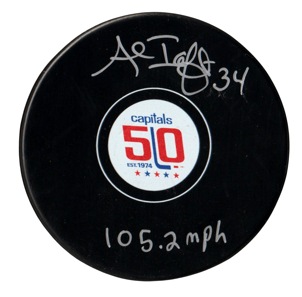 Al Iafrate Signed Capitals 50th Anniversary Puck w 105.2 MPH Beckett Wit BAS COA
