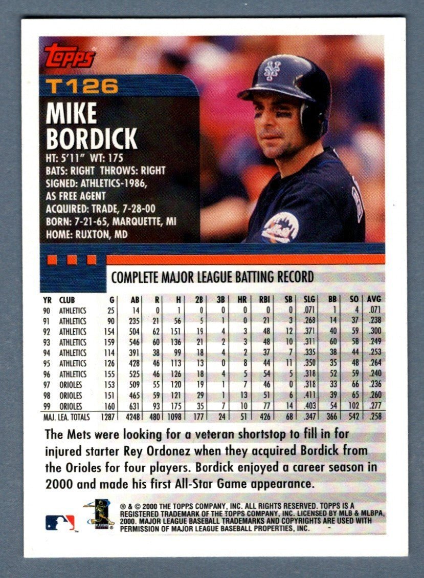 Mike Bordick Signed Autographed 2000 Topps Traded #T126 LSCM COA New York Mets