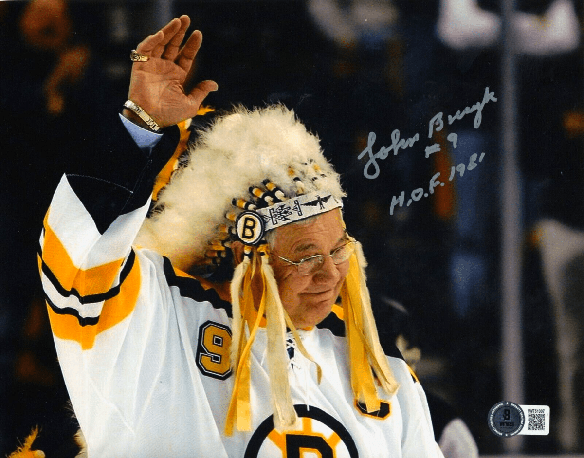 Johnny Bucyk Signed Boston Bruins 8x10 Photo w/ HOF 81 Beckett Witness BAS COA