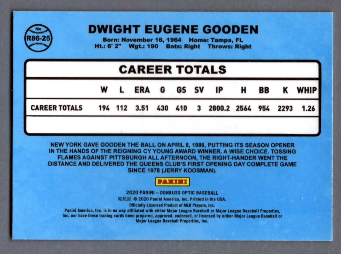 Dwight Doc Gooden Signed 2020 Donruss Optic Retro 1986 #R86-25 LSCM COA Mets