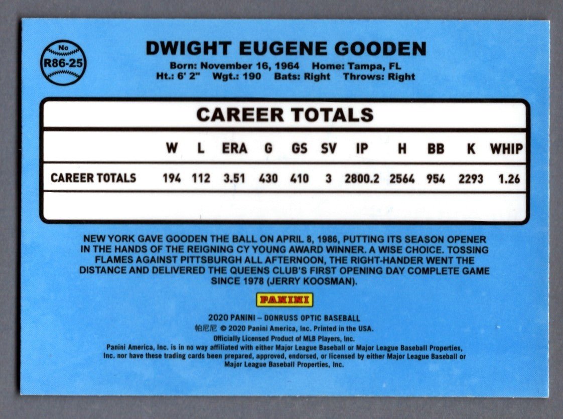 Dwight Doc Gooden Signed 2020 Donruss Optic Retro 1986 #R86-25 LSCM COA Mets