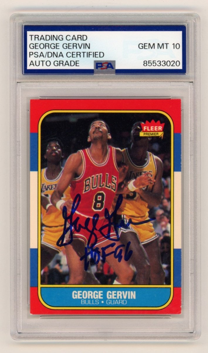 George Gervin 1986-87 Fleer #36 Signed w/ HOF 96 Inscription PSA 10 Auto Bulls