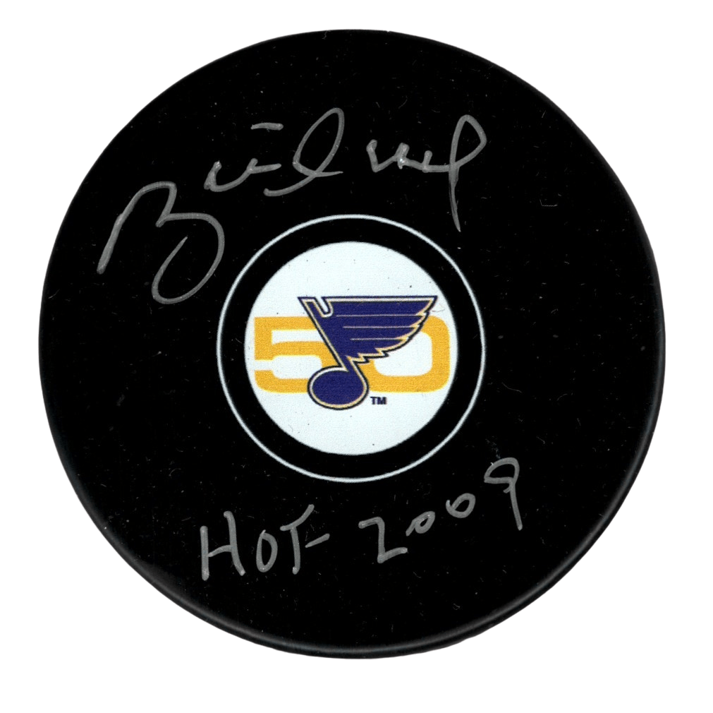 Brett Hull Signed Auto Blues 50th Anniversary Puck w/ HOF 2009 Beckett W BAS COA