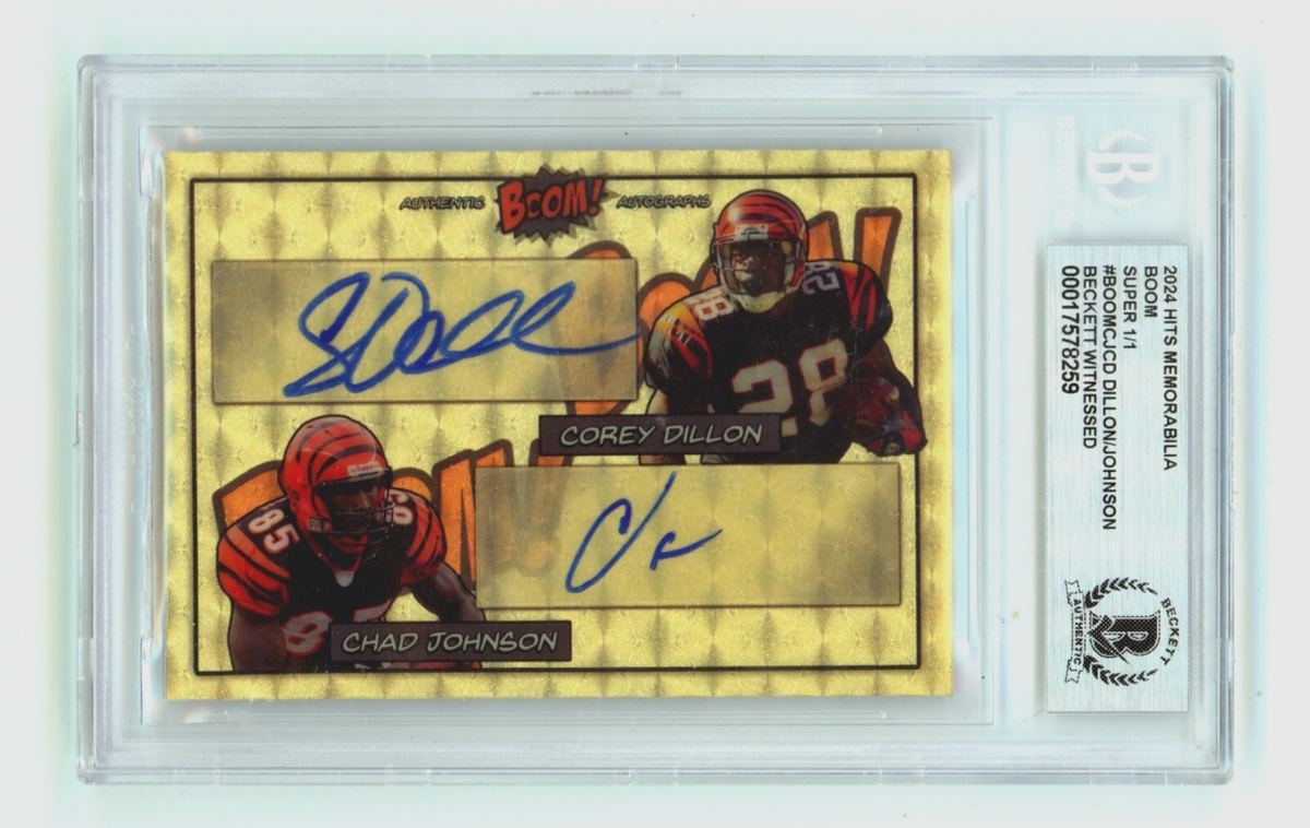 Corey Dillon &amp; Chad Johnson 2024 Hits Memorabilia BOOM Super 1/1 Signed BGS Auto