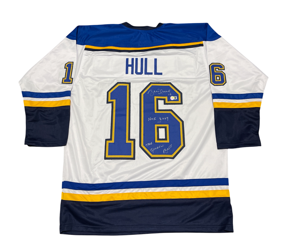 Brett Hull Signed Auto Blues Custom Jersey w/ 2 Insc Beckett Witness BAS COA