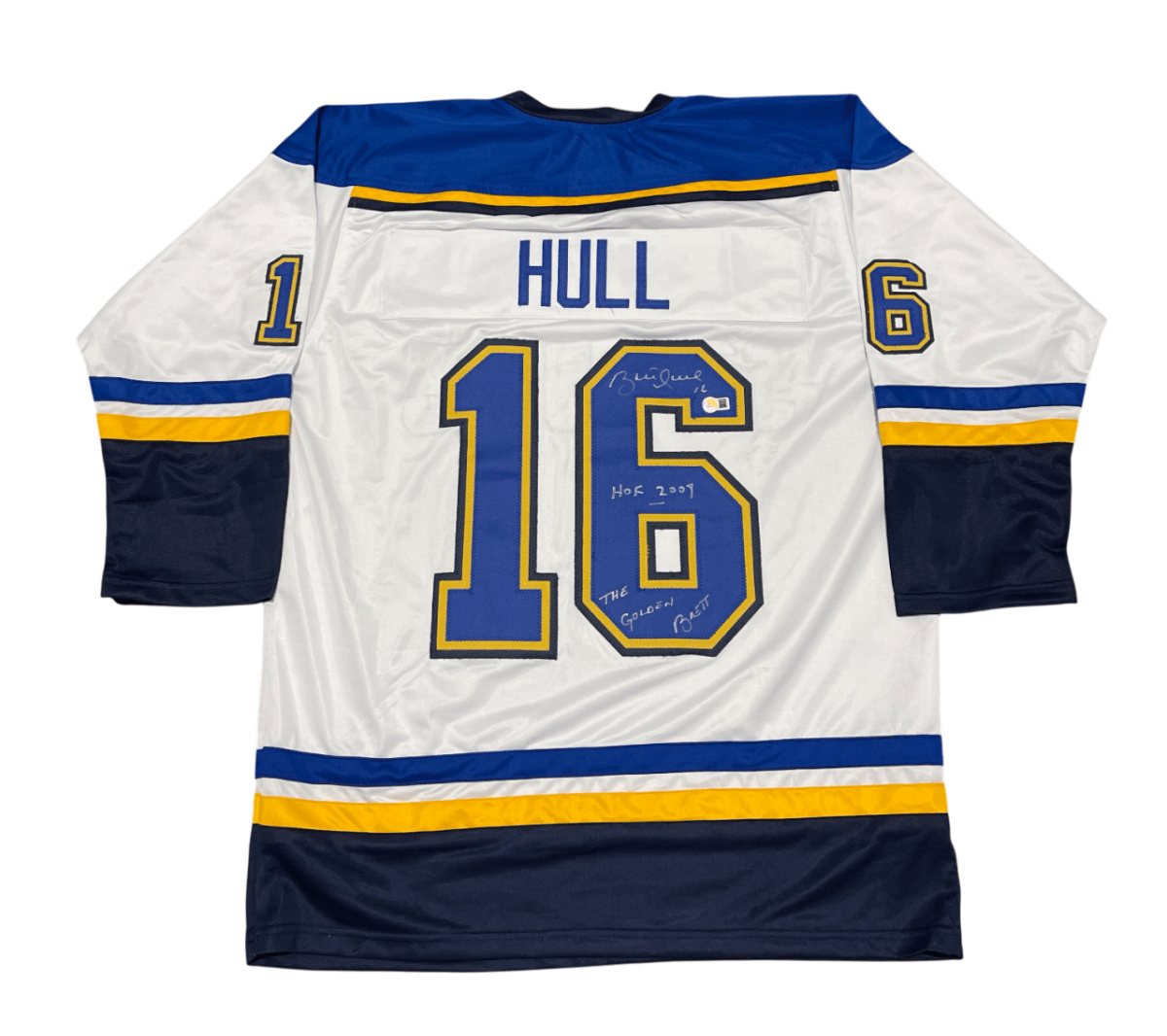Brett Hull Signed Auto Blues Custom Jersey w/ 2 Insc Beckett Witness BAS COA