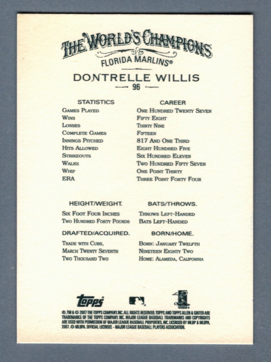 Dontrelle Willis Signed 2007 Topps Allen &amp; Ginter #96 LSCM COA Florida Marlins