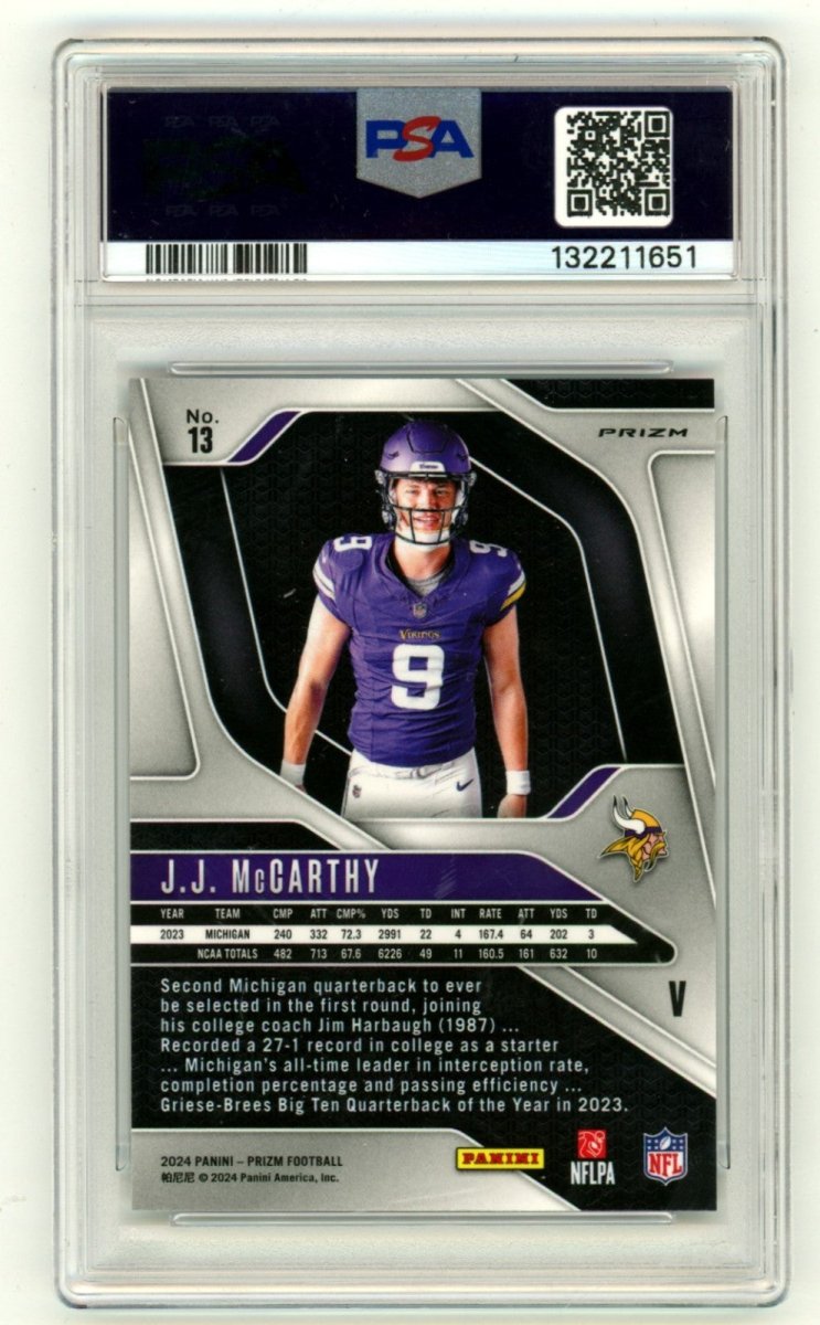J.J. McCarthy 2024 Panini Prizm #13 Silver Rookie Variation Signed RC PSA Auto