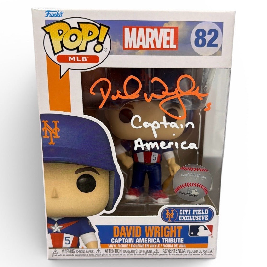 David Wright Signed Citi Field SGA Funko Pop #82 w/ Captain America Insc JSA COA