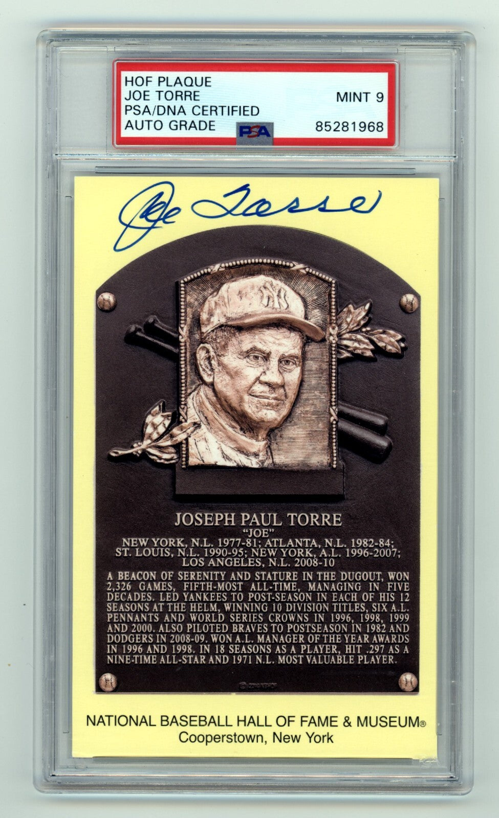 Joe Torre Signed Yellow HOF Plaque Post Card w/ Induction Day Stamp PSA 9 Auto