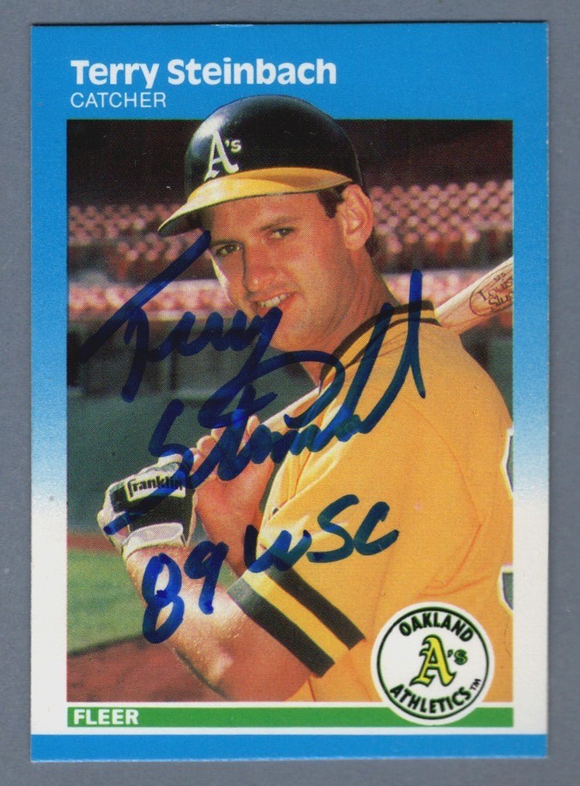 Terry Steinbach Signed 1987 Fleer #405 Rookie RC w/ 89 WSC LSCM COA Athletics