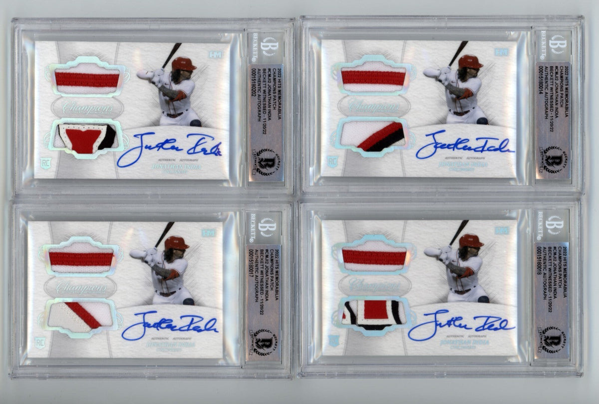 Jonathan India 2021 Hits Memorabilia Champions Patch Dual Auto RC #/10 BGS BAS