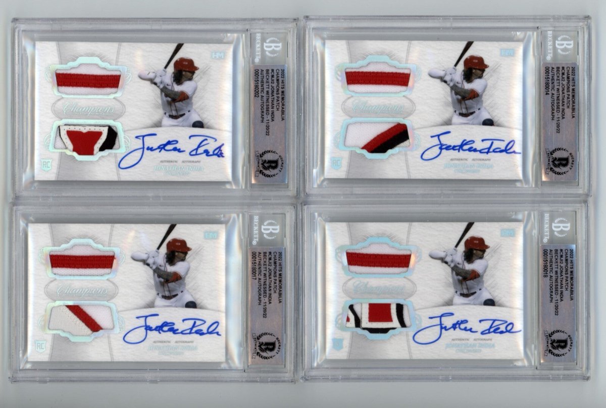 Jonathan India 2021 Hits Memorabilia Champions Patch Dual Auto RC #/10 BGS BAS