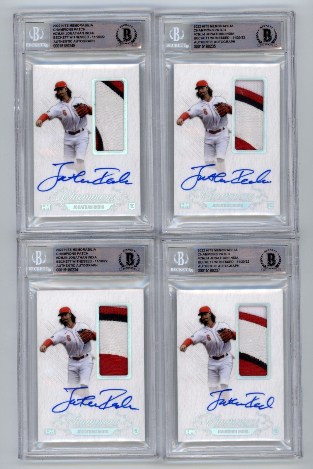 Jonathan India 2021 Hits Memorabilia Champions Silver Patch Auto RC #/10 BGS BAS