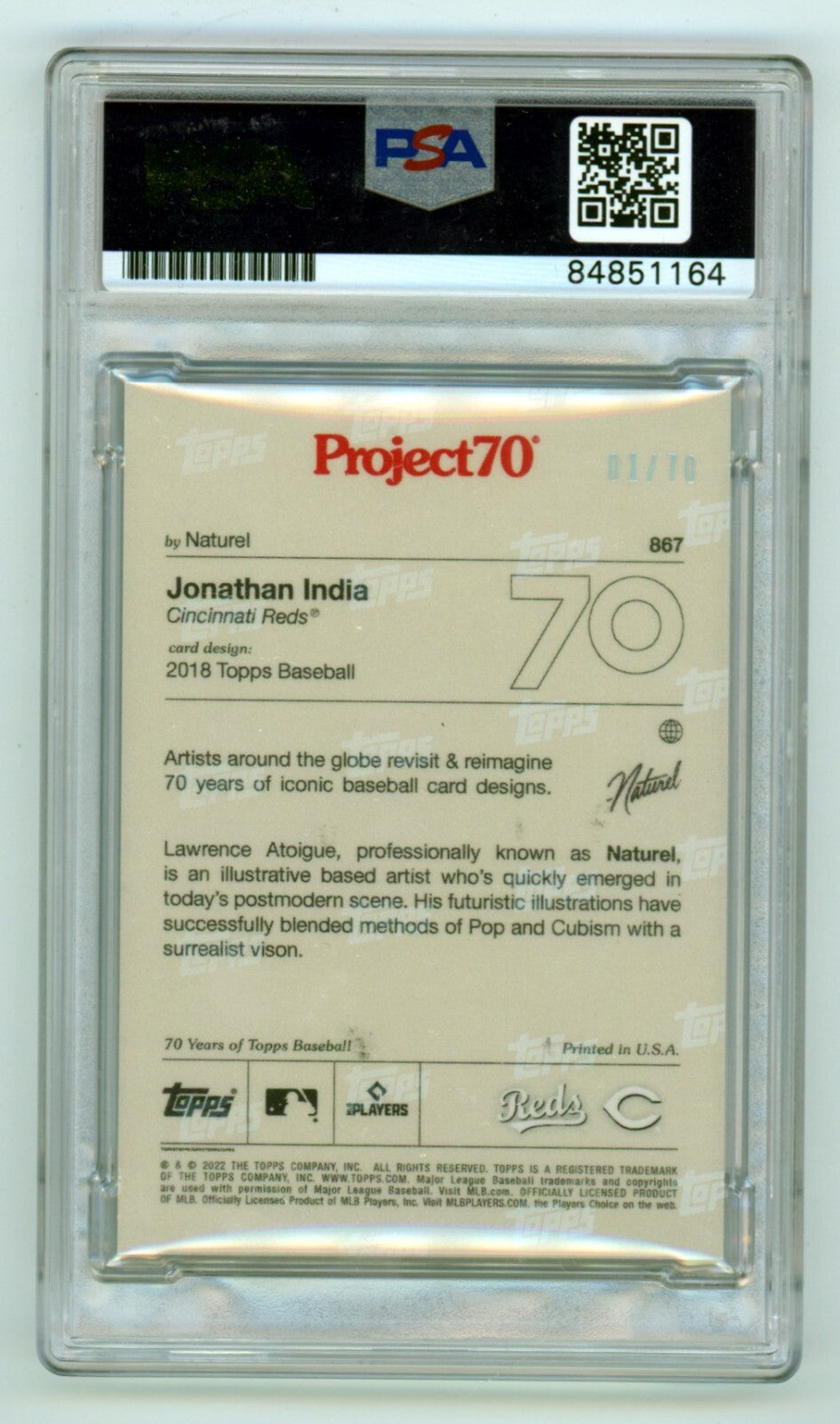 Jonathan India 2022 Topps Project 70 Foil #867 Signed Ins /70 PSA Authentic Auto