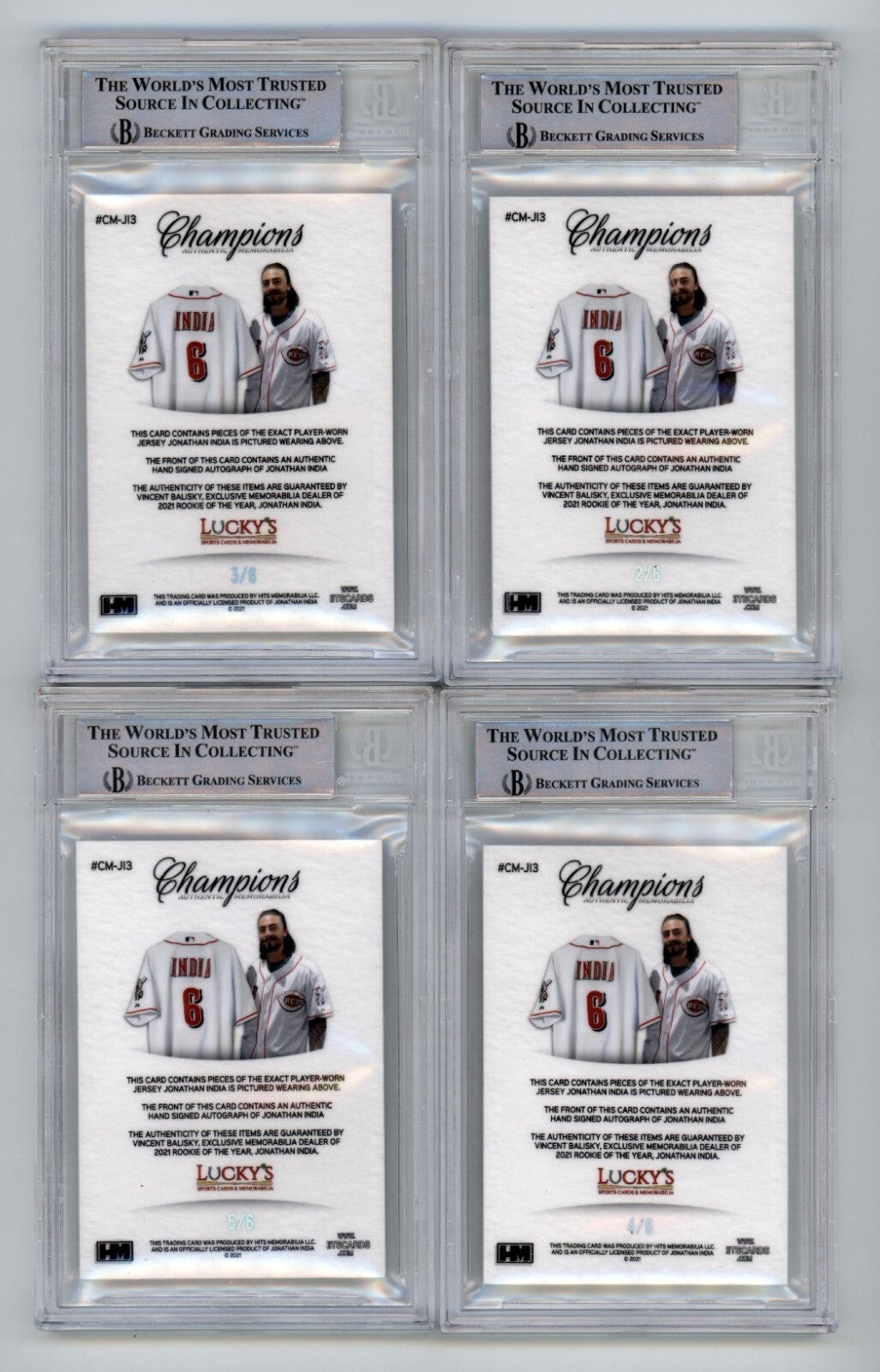 Jonathan India 2021 Hits Memorabilia Champions Patch Dual Auto RC #/6 BGS BAS