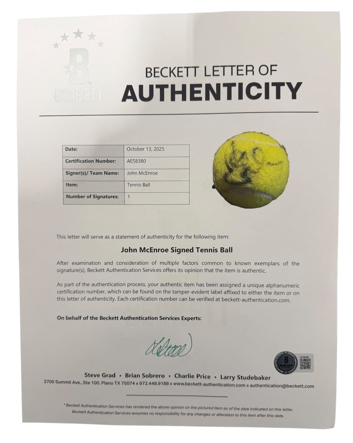 John McEnroe Signed Autographed PENN Tennis Ball Beckett BAS COA