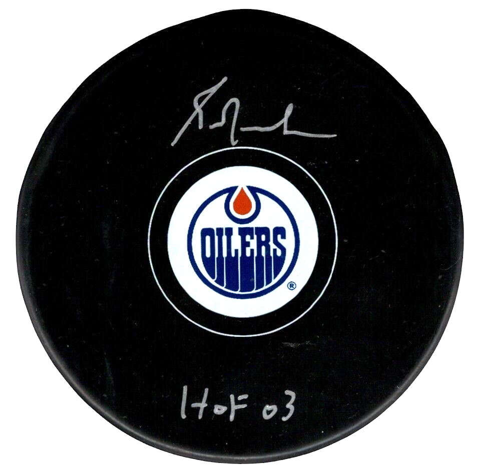 Grant Fuhr Signed Edmonton Oilers Logo Puck w/ HOF 03 Beckett Witness BAS COA