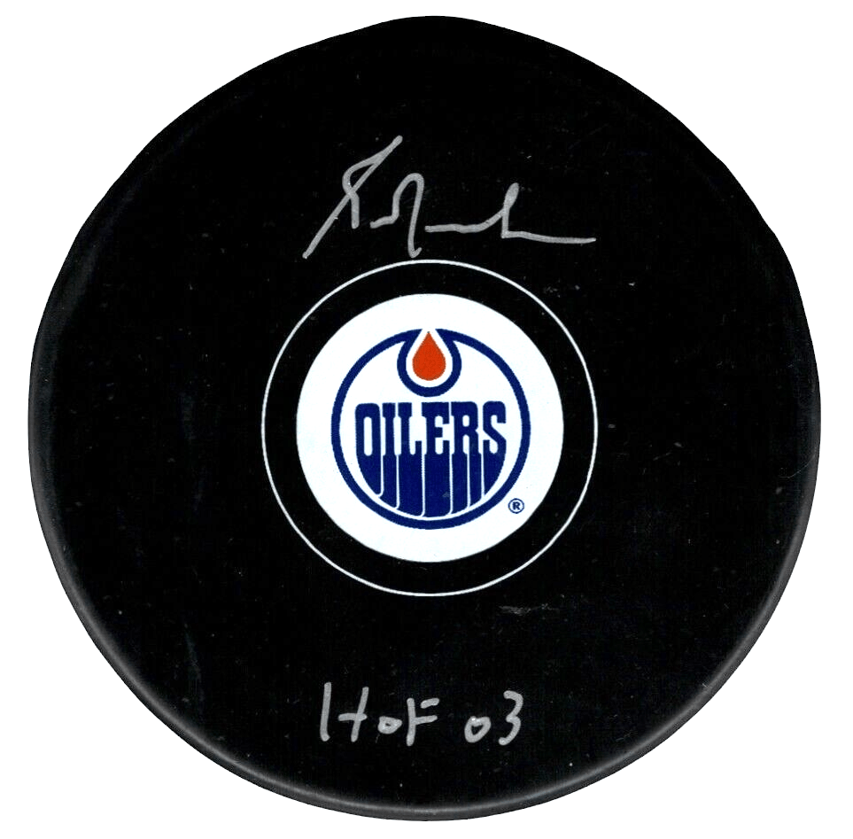 Grant Fuhr Signed Edmonton Oilers Logo Puck w/ HOF 03 Beckett Witness BAS COA