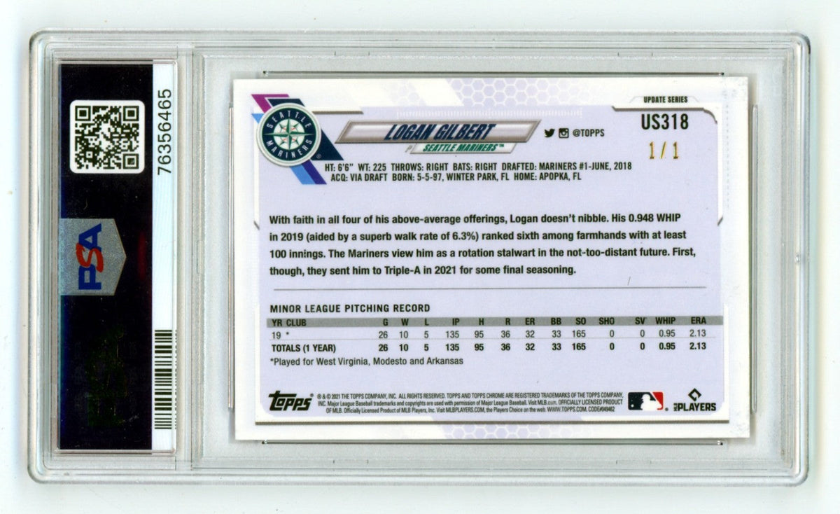 Logan Gilbert 2021 Topps Chrome Sapphire Padparadscha Signed RC #1/1 PSA 10 Auto