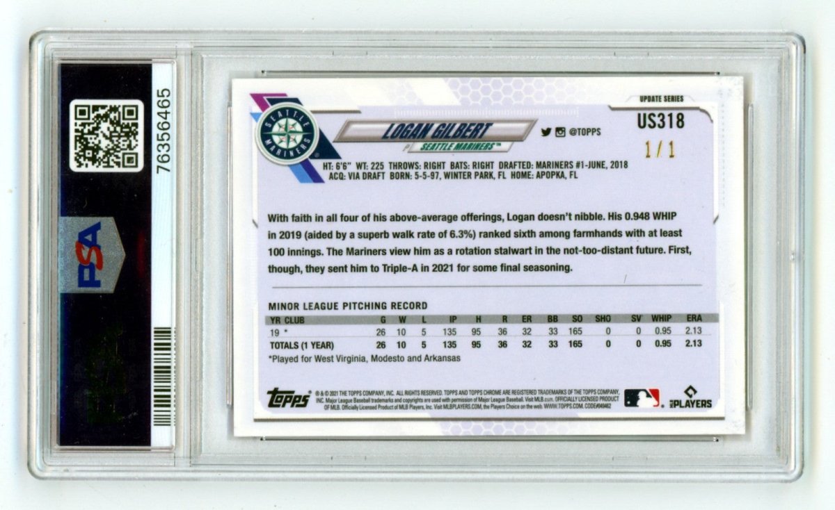 Logan Gilbert 2021 Topps Chrome Sapphire Padparadscha Signed RC #1/1 PSA 10 Auto