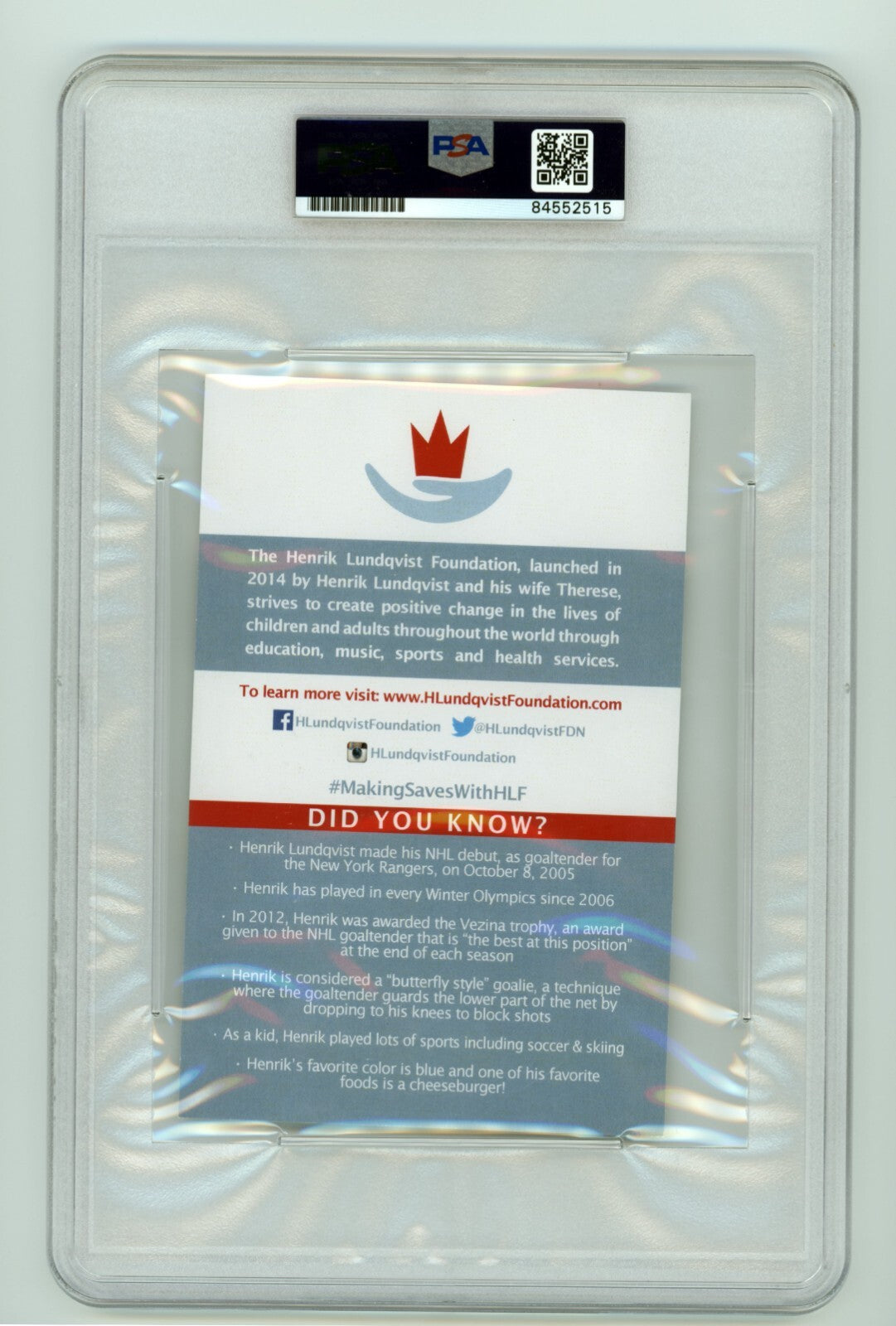 Henrik Lundqvist Signed Foundation Print PSA DNA Authentic Auto NY Rangers B