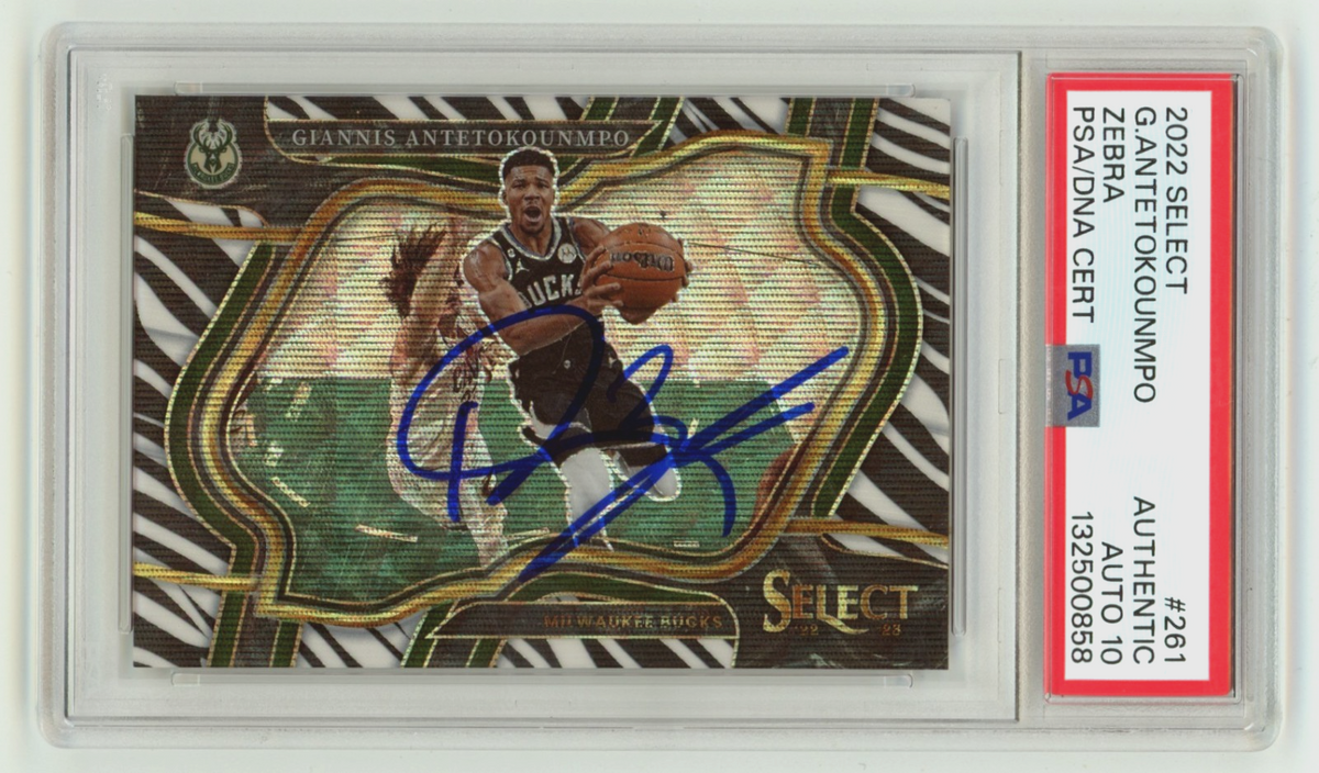 Giannis Antetokounmpo 2022-2023 Panini Select Zebra Prizm Signed PSA 10 Auto