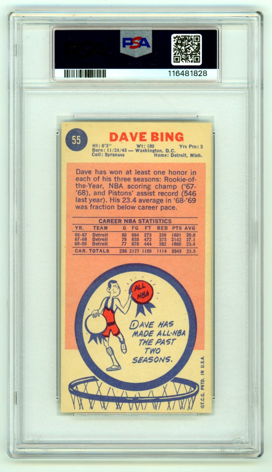 Dave Bing 1969-70 Topps #55 Tall Boy RC Signed w/ 2 Insc. PSA 10 Auto Detroit