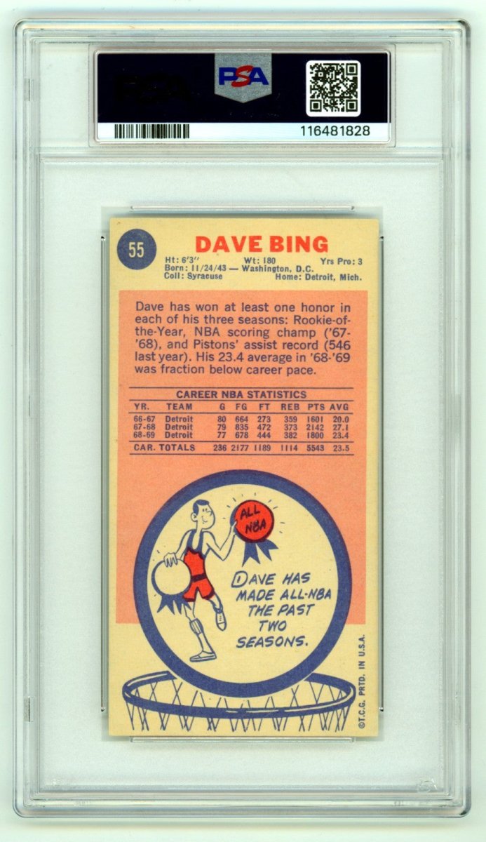 Dave Bing 1969-70 Topps #55 Tall Boy RC Signed w/ 2 Insc. PSA 10 Auto Detroit