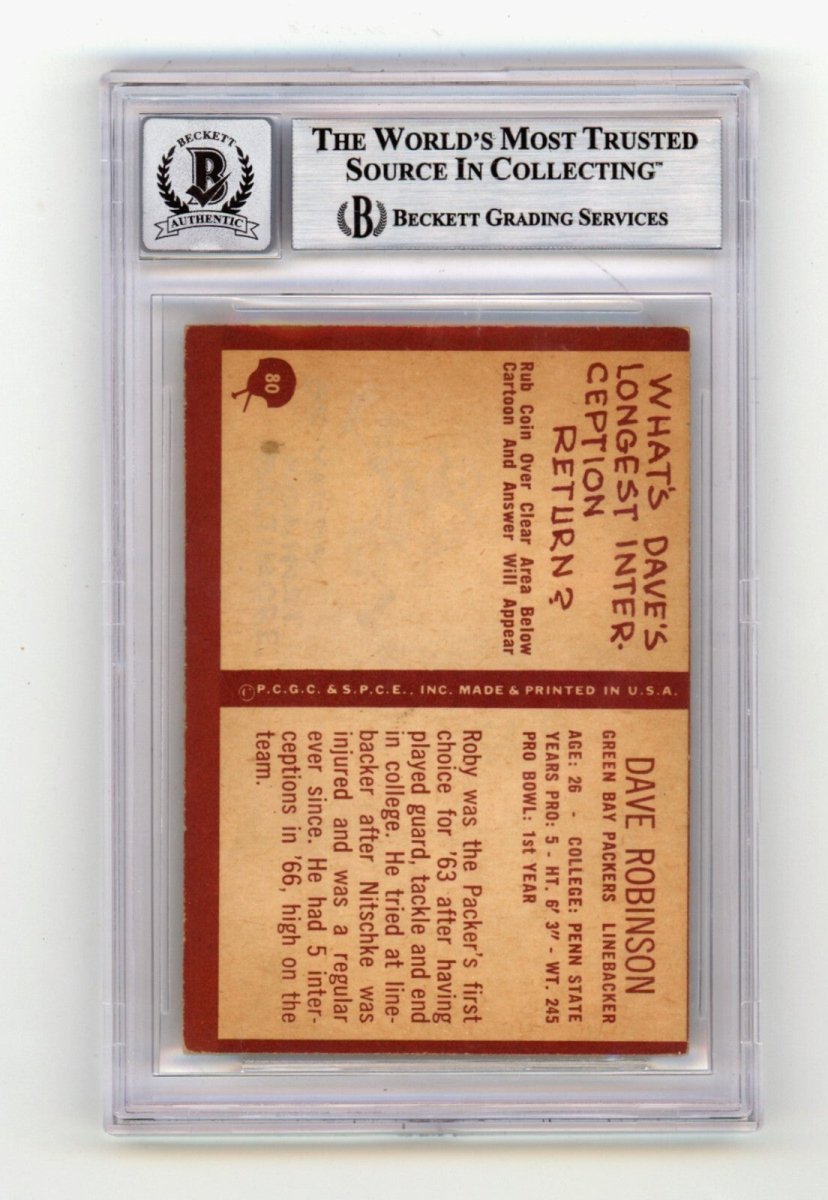 Dave Robinson 1967 Philadelphia #80 Signed Rookie RC w 3 Insc HOF BGS 10 Auto A