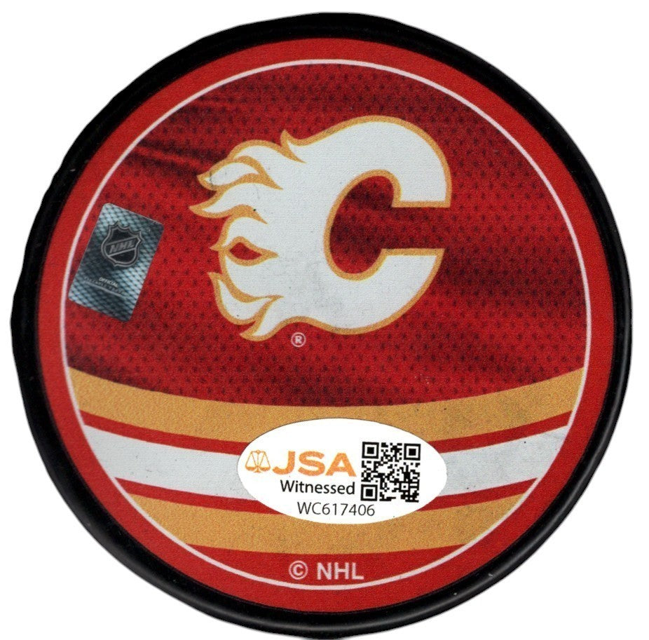 Joe Mullen Signed Calgary Flames Reverse Retro Puck JSA Witness COA