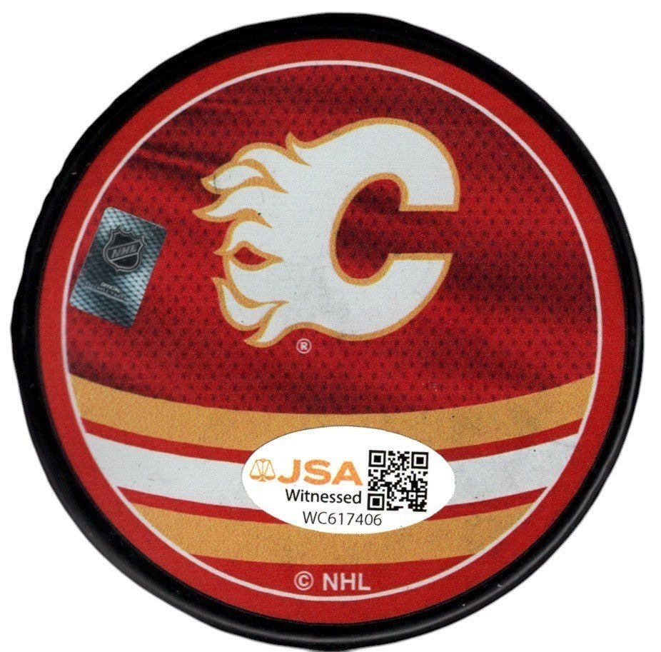 Joe Mullen Signed Calgary Flames Reverse Retro Puck JSA Witness COA