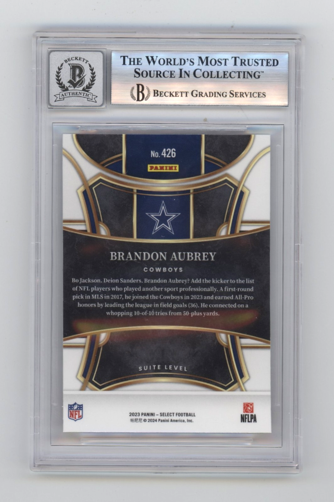Brandon Aubrey 2023 Panini Select 426 Suite Level RC Signed Beckett BGS 10 Auto